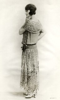 Fashionable Woman Wearing Long Dress of Spanish Lace and Canton Crepe, Portrait, circa 1922