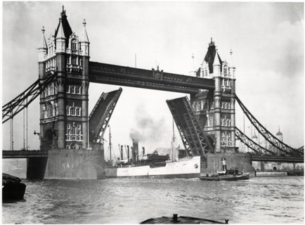 Tower Bridge with Ship Passing Though on River Thames, London, England, United Kingdom, circa 1955