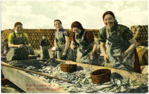 Four Lasses of Work, Great Yarmouth, Norfolk, England, Hand-Colored Postcard