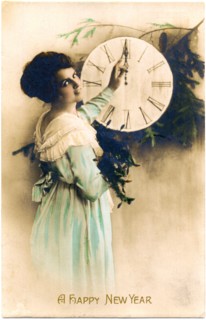 Woman Touching Clock, "A Happy New Year", Postcard, circa 1910