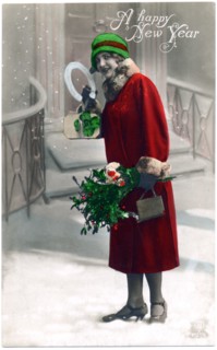 Woman in Red Coat Holding Bouquet of Flowers in Snow, "A Happy New Year", Postcard, circa 1910