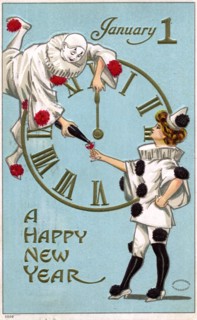 Male Clown Pouring Wine, Female Clown Holding Wine Glass, Clock, "January 1, A Happy New Year", Postcard, circa 1910