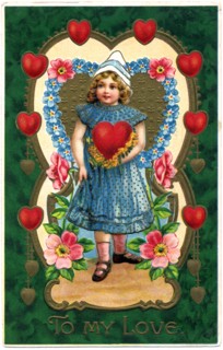 Girl in blue Dress Holding Heart in Green frame with 8 Hearts, "To My Love", Postcard, circa 1913