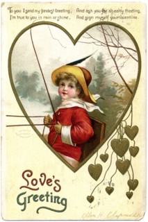 Boy in Red Jacket Holding Reins in Heart Frame, "Love's Greeting", Postcard, circa 1913