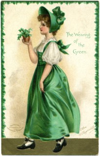 Girl in Green Dress and Bonnet Holding Green Plant, "The Wearing of the Green", Postcard, circa 1908