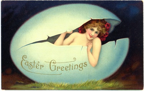Nude Woman in Egg, "Easter Greetings", Postcard, circa 1910