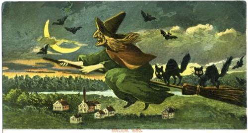 Witch on Broom with Black Cats and Bats, "Salem 1692", Postcard