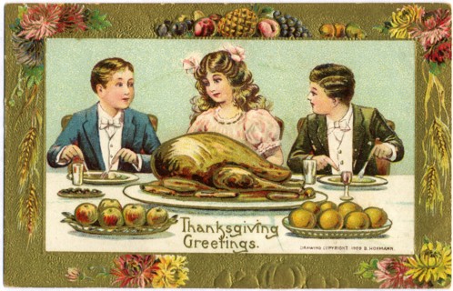Two Boys and Girl Eating Turkey Dinner, "Thanksgiving Greetings", Postcard, circa 1909