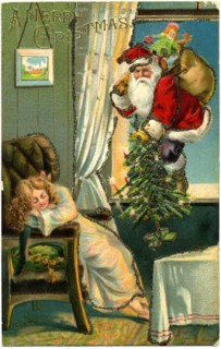 Santa Claus Entering Window with Gifts and Tree as Young Girl Sleeps in Chair, "A Merry Christmas", Postcard