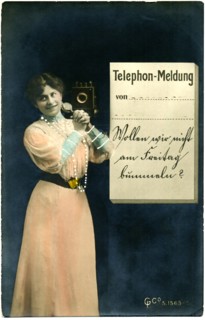 Woman in Long Dress Holding Telephone, circa 1907