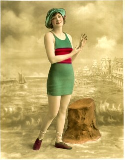 Woman in Green Swimsuit with Red Band, Striped Shoes, Portrait, circa early 1900's