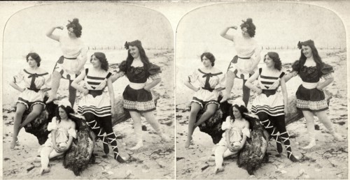 Five Women in Swim Dresses on Beach Looking out to Sea, Stereo Card, 1907