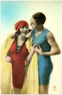 Woman and Man in One-Piece Swimsuits, Hand-Colored French Postcard, circa early 1900's
