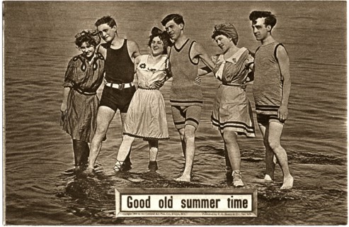 Three Couples  Bathing Suits Standing in Shallow Water, "Good old Summer Time", Postcard, circa 1910
