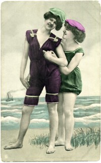 Two Smiling Women in One-Piece Bathing Suits and Caps, Portrait, Postcard, circa early 1900's