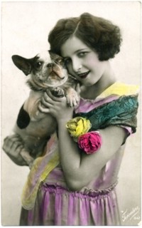 Woman Holding Boston Terrier Dog, Hand-Colored Italian Postcard, circa 1910's