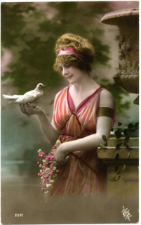 Woman in Orange Striped Dress Holding Dove, Hand-Colored Postcard, circa 1919