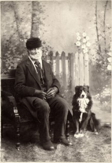 Seated Man on Bench with Dog, Studio Portrait, circa 1897