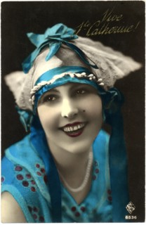 Smiling Woman Wearing Large Hat with Blue Ribbon, "Ste Catherine", Hand-Colored, French Postcard, circa 1914
