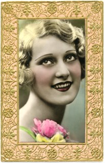 Smiling Blonde Woman with Rose, Framed, Hand-Colored Postcard, circa 1910's