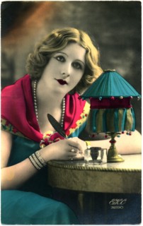 Woman in Blue Dress Seated at Desk Writing Letter with Quill Pen, Hand-Colored, French Postcard, circa 1910's