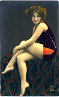 Smiling Woman Wearing Purple Swimsuit with Orange Thigh Panel, Hand-colored, French Postcard, circa 1910's