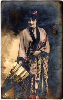 Woman in Kimono Standing with Parasol, Hand-Colored Postcard, circa 1912