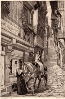 Lady Godiva on Horseback being Guided by Nun on Cobblestone Street, Illustration
