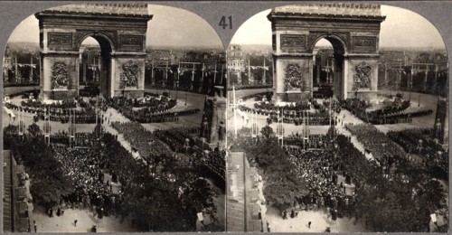 WWI Victory Day Celebration,  Arch de Triumph, Avenue des Champs-Eiysees, Paris, France, Stereo Card, July 14 1919