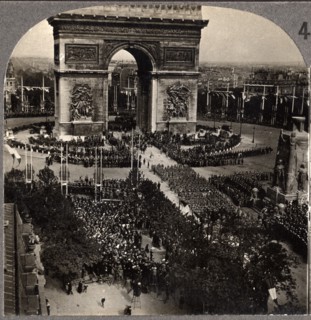 WWI Victory Day Celebration,  Arch de Triumph, Avenue des Champs-Eiysees, Paris, France, Single Image of Stereo Card, July 14 1919