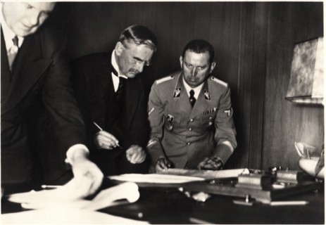 British Prime Minister Neville Chamberlain Signing Munich Agreement, Munich, Germany, September 30, 1938
