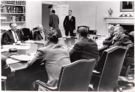 U.S. President Lyndon Johnson during Policy Meeting, with Maxwell D. Taylor, John McCone, Cyrus Vance, Robert McNamara, Dean Rusk, April 1, 1965