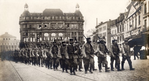 German Troops Marching in Brussels, Belgium, WWI Postcard, circa 1914