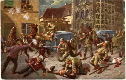 Townspeople Fighting German Soldiers, Louvain, Belgium, "Volkerkrieg 1914-15", German Postcard, circa 1915