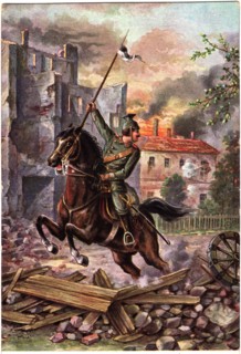 German Soldier on Horseback Jumping over Rubble during World War I Battle, "Im Krige (In War)", German Postcard, circa 1915