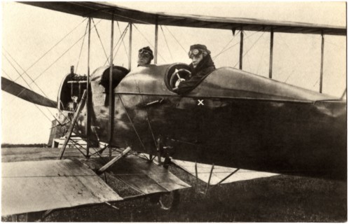 Lieutenant Ferdinand von Hiddessen and Unidentified Pilot in Airplane, Dropped 1st Bombs and Propaganda Leaflets on Paris, France during WWI, German Postcard circa 1914