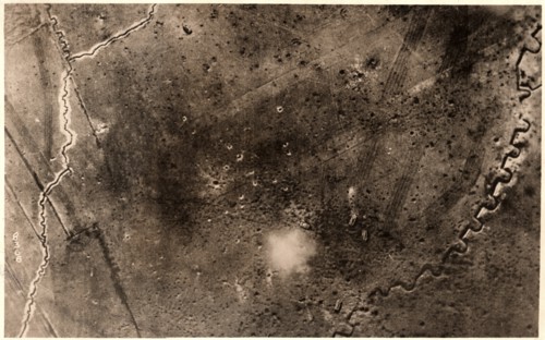 High Angle View of Battlefield with Five Tanks in Action, Soissions, France, WWI, circa 1917