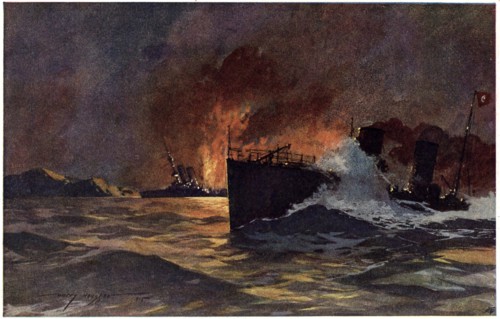 Torpedoing of the British Battleship HMS Goliath during Dardanelles Campaign, WWI, Postcard from Painting by Harry Heusser, circa 1915