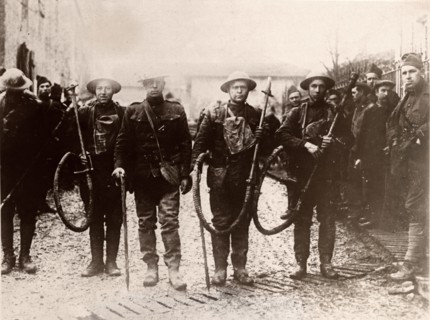 American Soldiers with Liquid Fire Machines (Flame Throwers)  Captured From German Troops, circa 1918