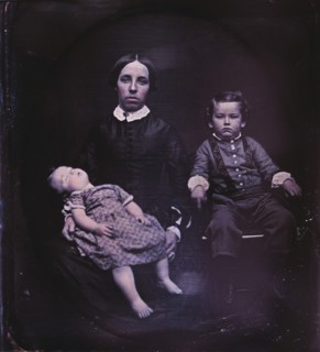 Mother with Two Children, one Sleeping, Portrait, Daguerreotype, Circa 1850's