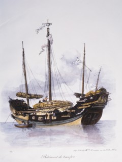 Chinese Junk, Hand-Colored Lithograph, circa 1827