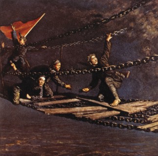 Red Army Soldiers Crossing Luding Footbridge Over Dadu River during the Long March, Sichuan Province, China, circa 1935