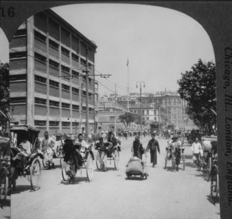 Jinrikishas on the Bund, Shanghai, China, Single Image of Stereo Card, circa 1910