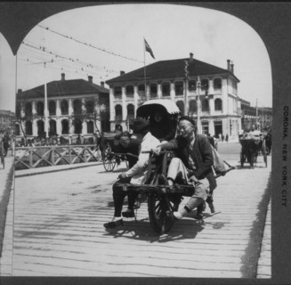 Street Traffice on Bridge over Huangpo River, Shanghai, China, Single Image of Stereo Card, circa 1900