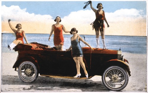Women Around Convertible Automobile on Beach, California, USA, hand-Colored Photograph, circa 1930
