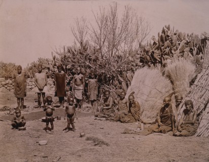 Group of Zulus in Village, Africa, circa 1890