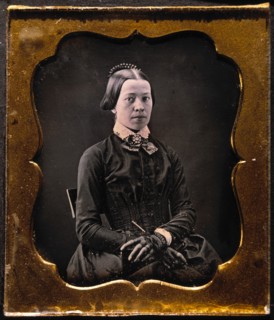 Woman in Long Dress and Lace Gloves Holding Parasol, Portrait, Daguerreotype, circa 1850's