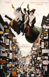 Three People Raising Glasses to Toast while Sitting on Cannon above Busy Street Scene, Liepzig, Germany, Postcard, circa 1907