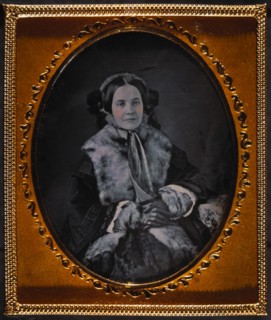 Woman in Bonnet and Coat with Fur Collar, Seated Portrait, Daguerreotype, circa 1850's
