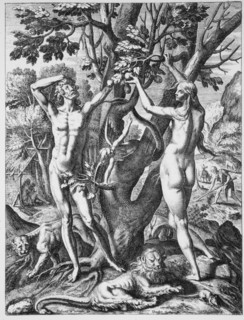 Adam and Eve in the Garden of Eden, Wood Engraving, circa 1588